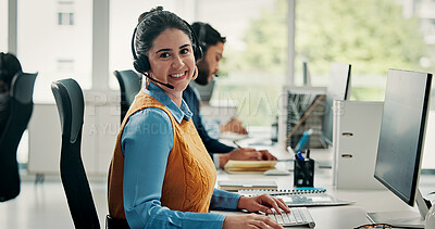 Buy stock photo Computer, portrait and happy woman in call center for technical support, help desk or coworking. Smile, hotline and consultant with technology for customer service, IT solution or network connection