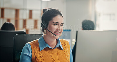 Buy stock photo Call center, face or woman in office with headset, contact us or communication in customer service. Happy, telecom or consultant in agency with tech, virtual advisory or support in client assistance.