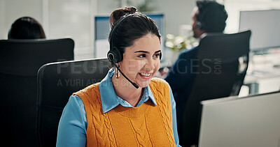 Buy stock photo Call center, smile or woman in office with headset, contact us or communication in customer service. Happy, coworking or consultant in agency with computer, advisory or telecom in client assistance.