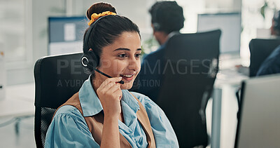 Buy stock photo Call center, happy or woman in office with headset, contact us or communication in customer service. Smile, coworking or consultant in agency with tech, advisory or telecom in client assistance.