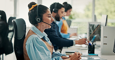 Buy stock photo Call center, computer and woman in office, help desk and contact us with communication. Employees, consultation and people with pc, coworking and advice with conversation, crm and customer support