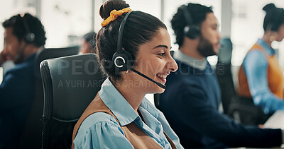 Buy stock photo Call center, smile and woman in office, help desk and communication with advice. Employee, consultation and person with customer support, coworking and contact us with conversation and crm agency