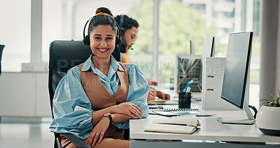 Buy stock photo Portrait, woman and headset with smile in call center for customer service, assistance and help desk. Happy, advisor and coworking with computer, contact us and representative for technical support