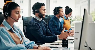 Buy stock photo Virtual assistant, people and man with technology in call center, customer care and communication. Troubleshooting, online advice and help desk agent consulting with client, headset and computer