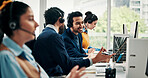 Call center, computer and men in office, advice and coworking with communication. Consulting, people and employees with conversation, help desk and contact us with system solution or customer service