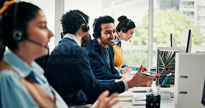 Buy stock photo Call center, computer and men in office, advice and coworking with communication. Consulting, people and employees with conversation, help desk and contact us with system solution or customer service
