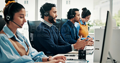 Buy stock photo Call center, computer and man with advice, help desk an communication with coworking. Employees, consultation and people with pc, headset and contact us with billing inquiry, crm and customer support