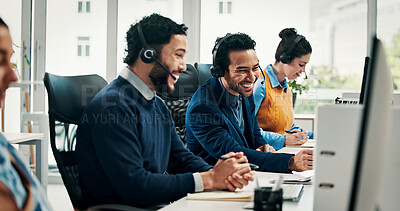 Buy stock photo Telemarketing, coworkers and laughing in call center with computer, life insurance sale or joke. Happy, people or funny conversation in office with desktop, financial service policy info and support.