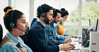Buy stock photo Telemarketing, computer and man in office, help desk and communication with advice. Employees, consulting and people with pc, coworking and contact us with conversation, internet and customer support