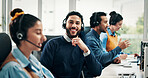 Portrait, man and headset with smile in call center for customer service, assistance and help desk. Happy, male advisor and coworking with computer, contact us and representative of technical support