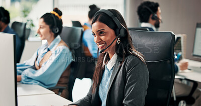 Buy stock photo Virtual assistant, headset or happy woman in call center with computer, customer care or contact. Troubleshooting, online advice or help desk agent with tech support consultation, people or coworking