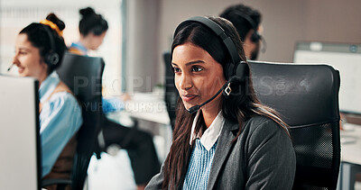 Buy stock photo Computer, contact us and happy woman in call center for customer service, help desk or coworking. Smile, hotline or consultant with technology for technical support, IT solution or network connection