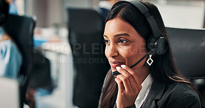 Buy stock photo Computer, business and woman in call center for help desk, banking support or coworking. Smile, hotline and consultant with technology for customer service, account feedback and financial loan