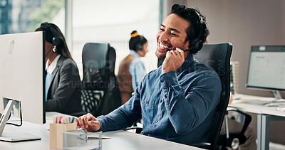 Buy stock photo Call center, smile or man in office with headset, contact us or communication in customer service. Happiness, coworking or consultant in agency with tech, advisory or telecom in client assistance.