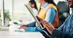 Man, tablet and hands in office with scroll for project management at web design company. Business people, coworking and tech with communication, social media message or feedback at creative agency