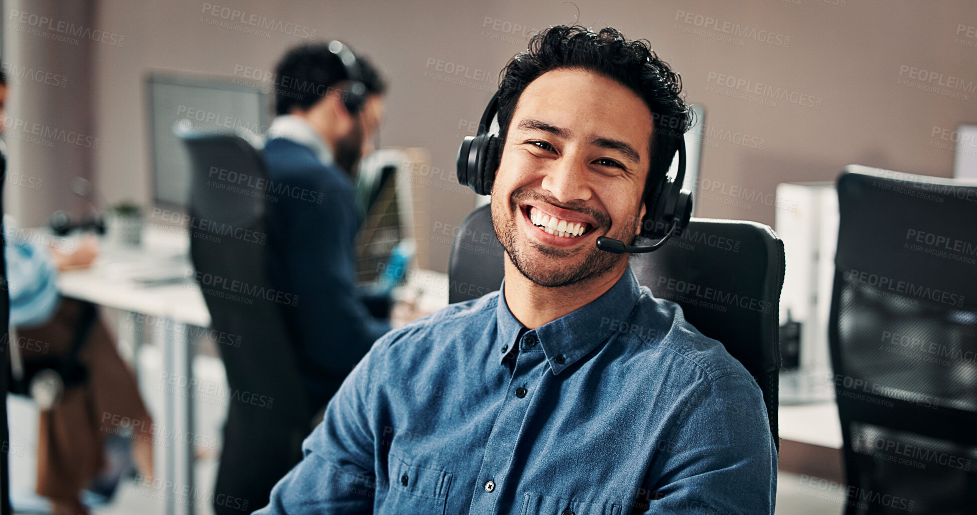 Buy stock photo Contact us, portrait and happy man in call center for business, banking support or coworking. Help desk, smile or agent with headset for customer service, account feedback or financial credit score
