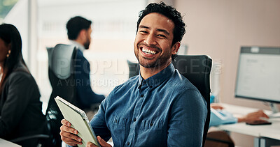 Buy stock photo Man, tablet and smile in office with portrait for project management at web design company. Business people, coworking and tech with communication, social media message or feedback at creative agency