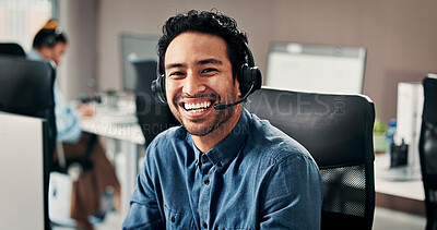 Buy stock photo Portrait, man and happy with headset in call center for customer service, assistance and help desk. Smile, male advisor and coworking with computer, contact us and representative of technical support