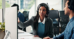 Business woman, consultant and coaching with headset in call center for communication or support. Female person, agent or talking with colleague for virtual assistance, web help or advice on computer