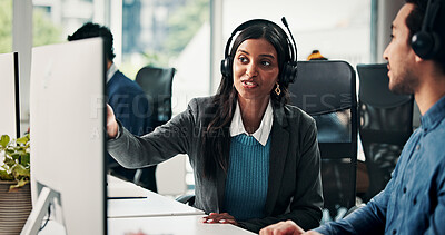 Buy stock photo Business woman, consultant and coaching with headset in call center for communication or support. Female person, agent or talking with colleague for virtual assistance, web help or advice on computer