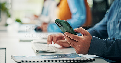 Buy stock photo Man, phone and hands in office with texting for project management at web design company. Business people, coworking and tech with communication, social media message or feedback at creative agency