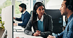Telemarketing, coworkers and explain in call center with computer, life insurance advice and help. Colleagues, people or conversation in office with desktop, financial service policy info or support.