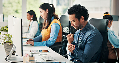 Buy stock photo Computer, business man and wrist pain at desk from article editing, workload pressure and strain. Coworking, journalist and joint ache at publishing agency from story deadline, overworked and burnout