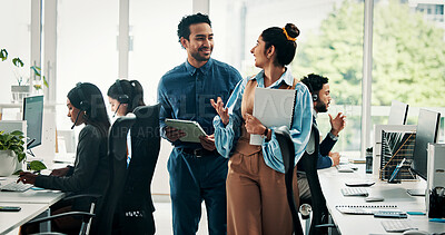 Buy stock photo Call center, paperwork or people with tablet walking, customer service or telemarketing discussion. Sales script, teamwork or managers plan for lead generation ideas, talk or digital outbound offer