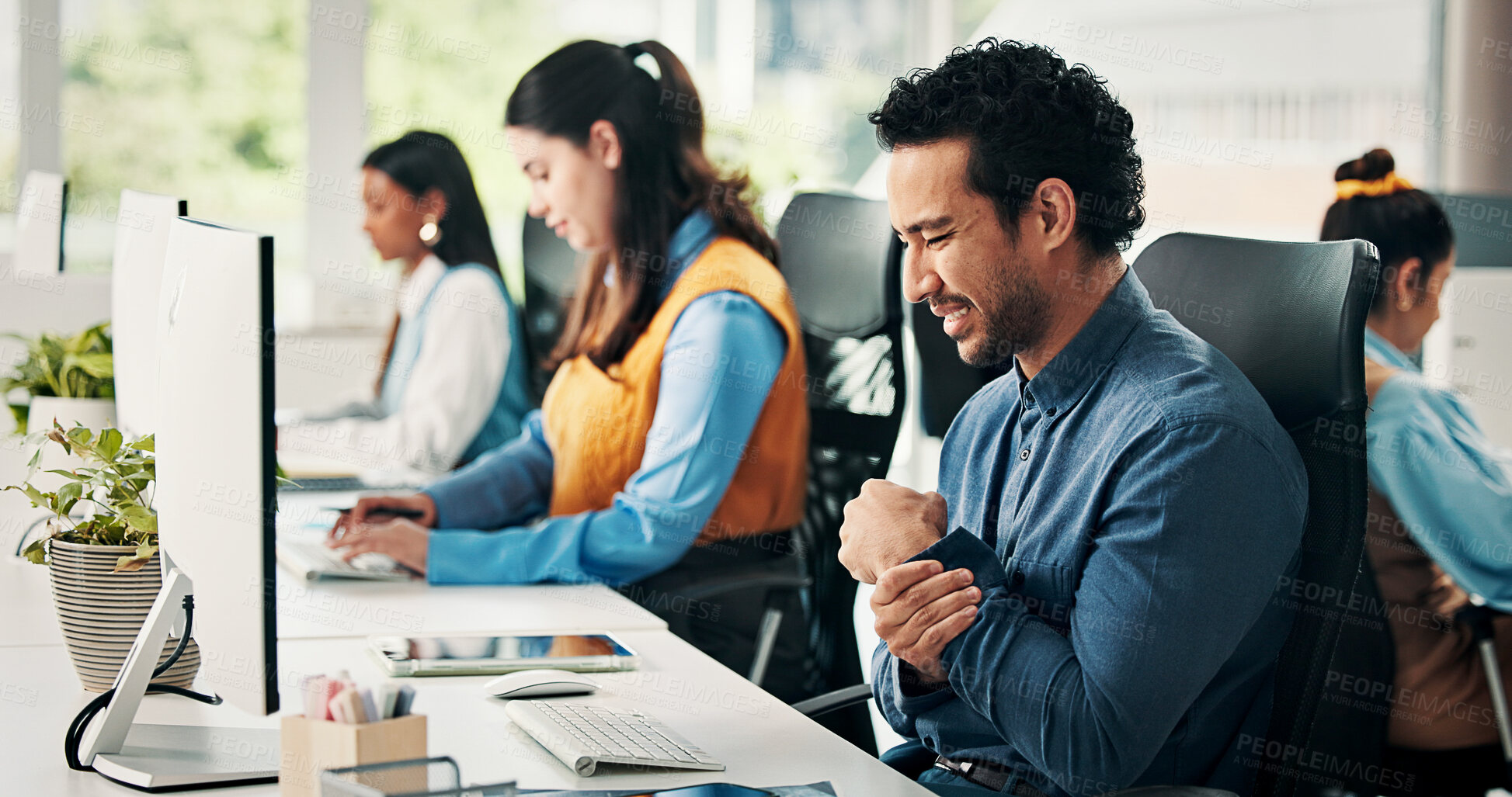 Buy stock photo Computer, man and stress with wrist pain in office from article editing, story deadline or workload. Coworking, journalist or joint strain at publishing agency from carpal tunnel, news report or ache