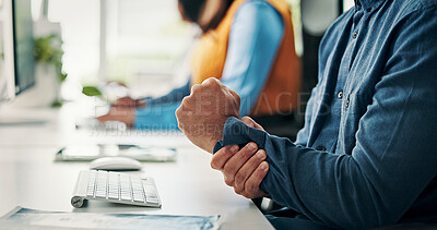 Buy stock photo Keyboard, hands or person with wrist pain at desk from poor ergonomics, story deadline or workload. Coworking, journalist or tech with joint ache at publishing agency from carpal tunnel or overworked
