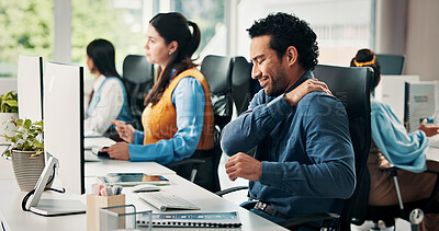 Buy stock photo Computer, business man or shoulder pain in office with muscle fatigue, article pressure or workload. Coworking, journalist or joint ache at publishing agency from poor posture or overworked on story
