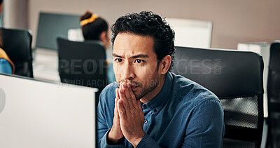 Buy stock photo Anxious, trading or man in office with computer, crypto check or technical glitch on investment platform. Stress, coworker or broker in agency with desktop, account monitor or risk in stock market.