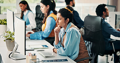 Buy stock photo Worry, trading or woman in office with computer, crypto check or technical glitch on investment platform. Anxious, coworking or broker in agency with desktop, account monitor or risk in stock market.