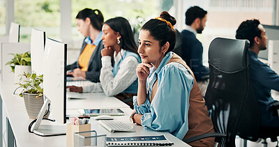 Buy stock photo Reading, computer or woman in office with thinking, draft edit or director feedback for article. Reflection, coworking or journalist in agency with tech, fact check or research for publication.