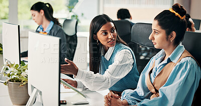 Buy stock photo Help, startup and business people on computer for meeting, seo review and website report. Creative team, office and women on tech for kpi research, marketing campaign or planning for project feedback