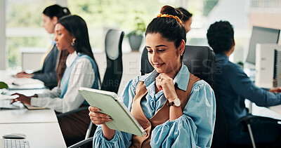 Buy stock photo Woman, tablet and reading in office with smile for project management at web design company. Business people, coworking and tech for communication, social media message or feedback at creative agency