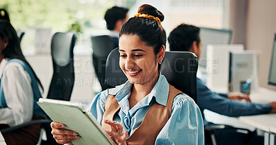 Buy stock photo Woman, tablet and happy in office with smile for project management at web design company. Business people, coworking and tech for communication, social media message or feedback at creative agency