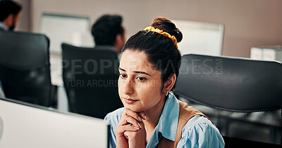 Buy stock photo Anxious, trading or woman in office with computer, crypto check or technical glitch on investment platform. Worry, coworking or broker in agency with desktop, account monitor or risk in stock market.