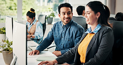 Buy stock photo Creative, talking and business people on computer in meeting for online report, article and feedback. Digital magazine, team and coworkers on tech for website review, research and planning story