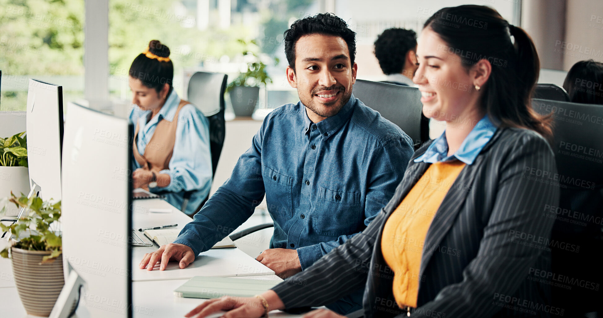 Buy stock photo Creative, talking and business people on computer in meeting for online report, article and feedback. Digital magazine, team and coworkers on tech for website review, research and planning story