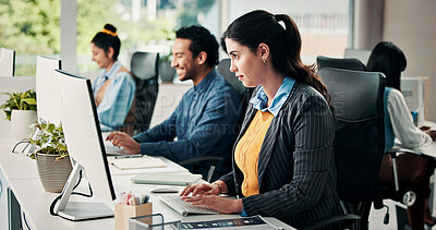 Buy stock photo Creative, woman and reading with computer in office for research, editing article and newsletter. Female person, coworking or pc for proofreading, check grammar and update draft for story publication