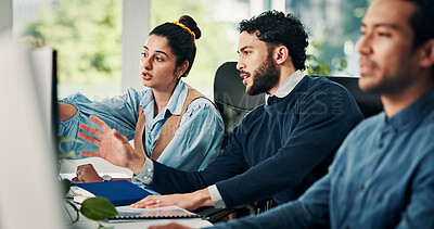 Buy stock photo Creative, woman and manager with computer in office for training, editing article and news report. People, mentorship and teamwork with pc, proofreading and helping with draft for story publication
