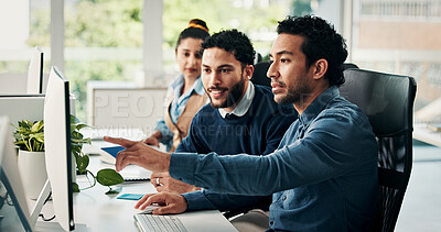 Buy stock photo Meeting, startup and business people on computer for online project, budget report and website review. Creative, office and coworkers on tech talking for feedback, planning and research for funding