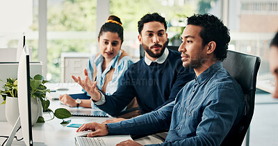 Buy stock photo Business men, mentor and help with computer for training, article guidance and website management. Intern, journalist and advice with tech at coworking agency for breaking news and story publication