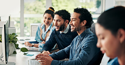 Buy stock photo Media agency, computer and people in office, teamwork and smile with blog website. Employees, men and women with cooperation, email or conversation with planning for submission or article publication