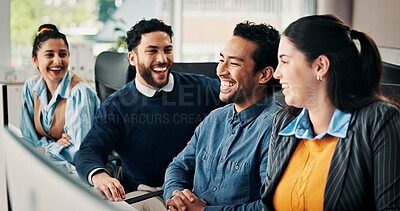 Buy stock photo Media agency, computer and people with smile, teamwork and funny with blog website. Laughing, men and women with cooperation, creativity or meeting with planning for submission or article publication