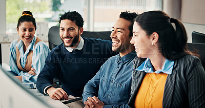Buy stock photo Media agency, computer and people with teamwork, funny and smile with news report publication. Humor, men and women with cooperation, email or discussion with planning for submission or brainstorming