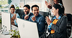 Happy business people, applause and winning in celebration for meeting and teamwork in office. Group of employees, clapping hands and success for goals, achievement or company promotion at workplace