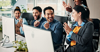 Buy stock photo Happy business people, applause and winning in celebration for meeting and teamwork in office. Group of employees, clapping hands and success for goals, achievement or company promotion at workplace