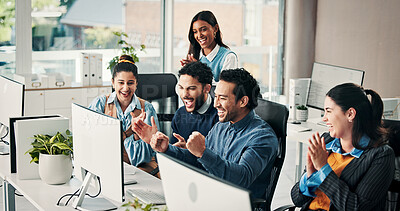 Buy stock photo Business people, team and applause with win at computer for campaign success, positive feedback and fist pump. Coworking, happy employees and online announcement for marketing project achievement